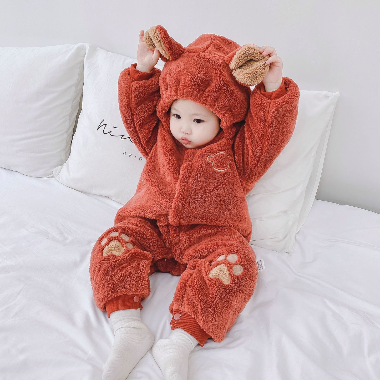 Baby Quilted Romper - Soft Rice Velvet Hooded Onesie for Newborns