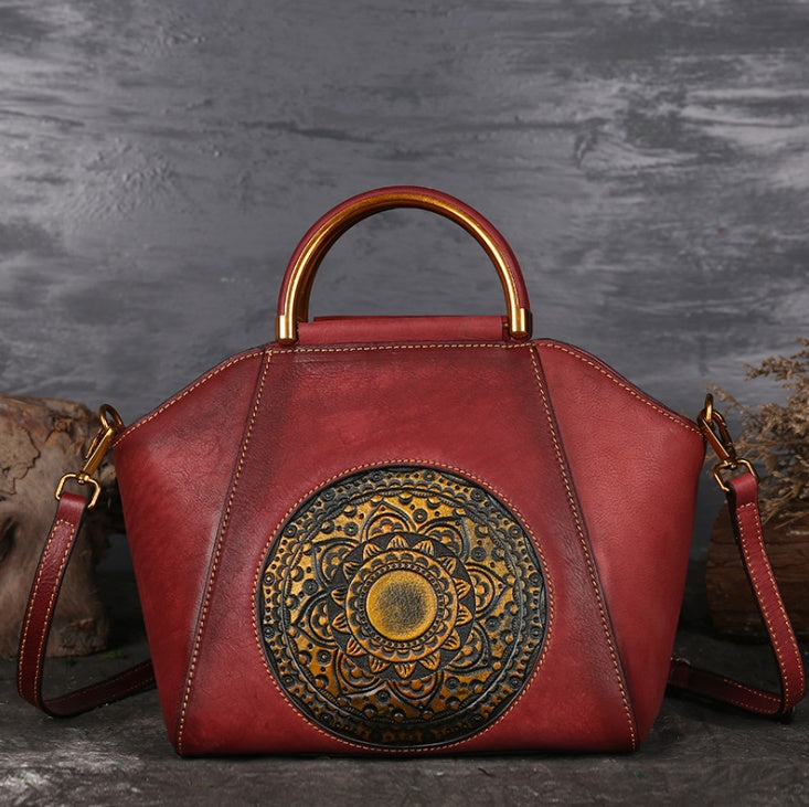 Genuine Leather Embossed Totem Tote Bag - Retro Shoulder Handbag