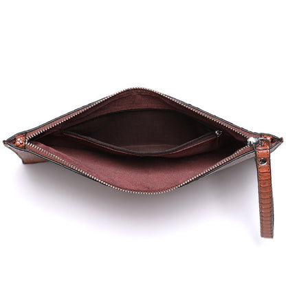 Crocodile Embossed Envelope Clutch - Vegan Leather Handbag with Zipper Closure