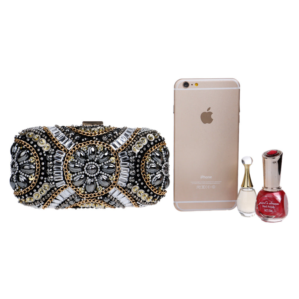 Beaded Embroidery Evening Bag - Rhinestone Clutch Purse with Hard Handle