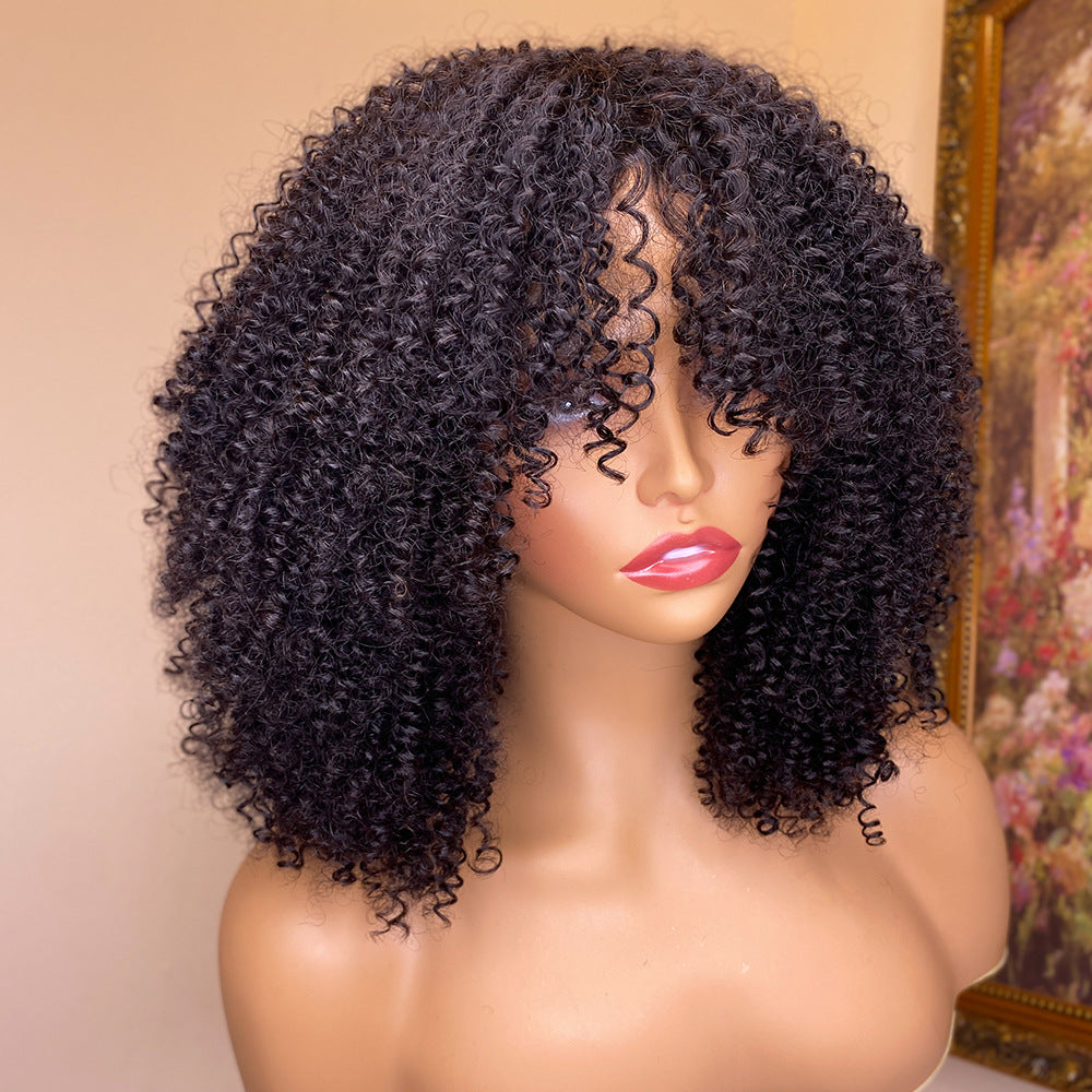 Kinky Curly Human Hair Wig with Bangs - Natural Texture Full Wig