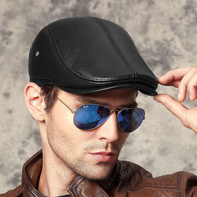 Men's Genuine Cowhide Leather Cap - Top-Grain Duckbill Beret Winter Hat