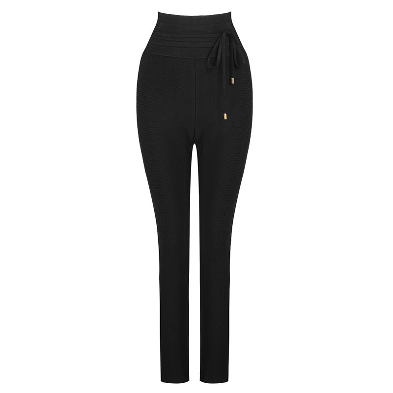 High-Waist Elastic Bandage Leggings - Cropped Solid Color Pants