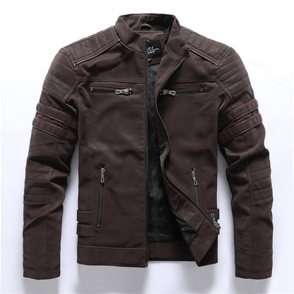 Men's Vintage PU Leather Jacket - Stand Collar Fleece Lined