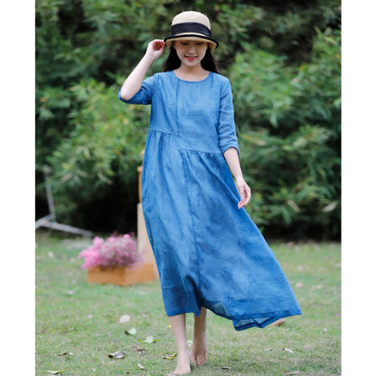 Women's Literary Travel Loose Linen Dress - Embroidered Cotton Linen Summer Dress