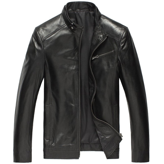 Men's Premium Sheepskin Leather Jacket - Stand Collar Zipper Design