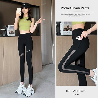 Women's Shark Pattern Cropped Activewear Pants - High Waist Mesh Pocket Leggings