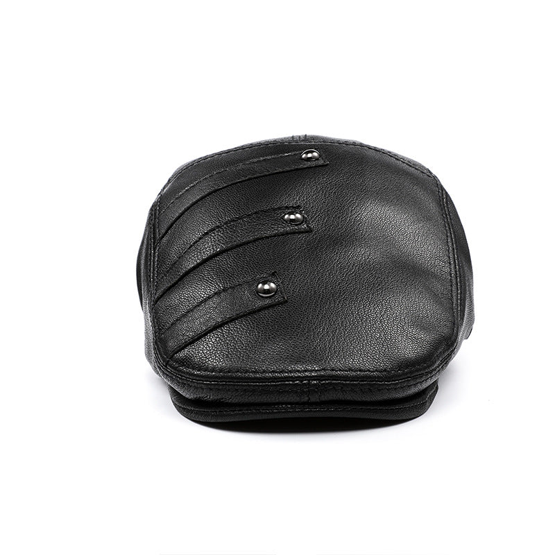 Men's Genuine Cowhide Leather Beret - Embroidered Flat Cap for Autumn & Winter