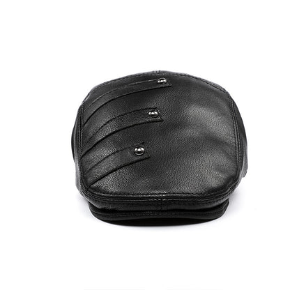Men's Genuine Cowhide Leather Beret - Embroidered Flat Cap for Autumn & Winter