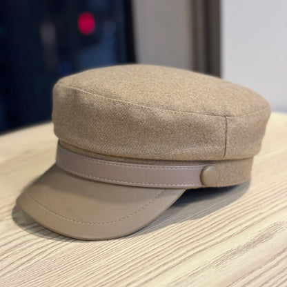 Retro PU Leather Flat-Top Wool Hat - Adjustable Winter Cap