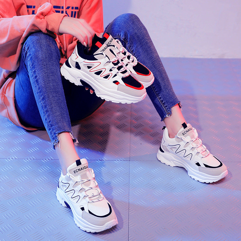 Women's Muffin Thick Sole Casual Sneakers | PU & Mesh Upper | 5cm Platform | Lace-Up | Sizes 35–40 | Red, White