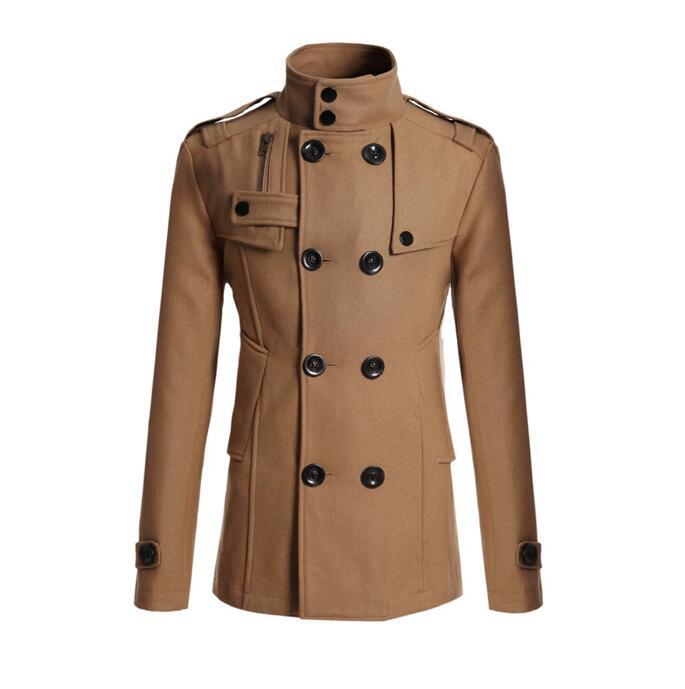 Men's Woolen Coat - Medium-Length Stand-Up Collar Double-Breasted Coat