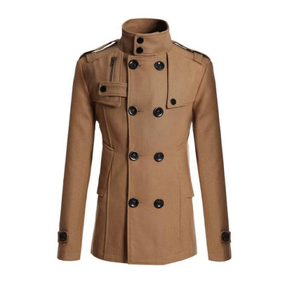 Men's Woolen Coat - Medium-Length Stand-Up Collar Double-Breasted Coat