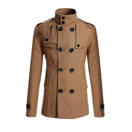 Men's Woolen Coat - Medium-Length Stand-Up Collar Double-Breasted Coat