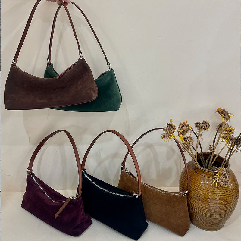Suede Underarm Baguette Bag - Retro Matte Top-Grain Leather Shoulder Handbag