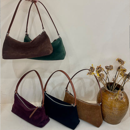Suede Underarm Baguette Bag - Retro Matte Top-Grain Leather Shoulder Handbag