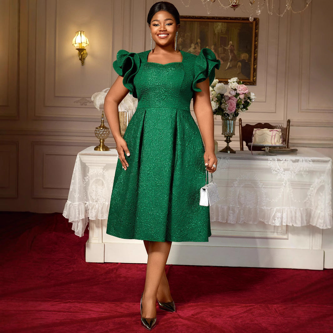Women's Dark Green Jacquard Ruffle-Sleeve A-Line Evening Dress (Plus Size)
