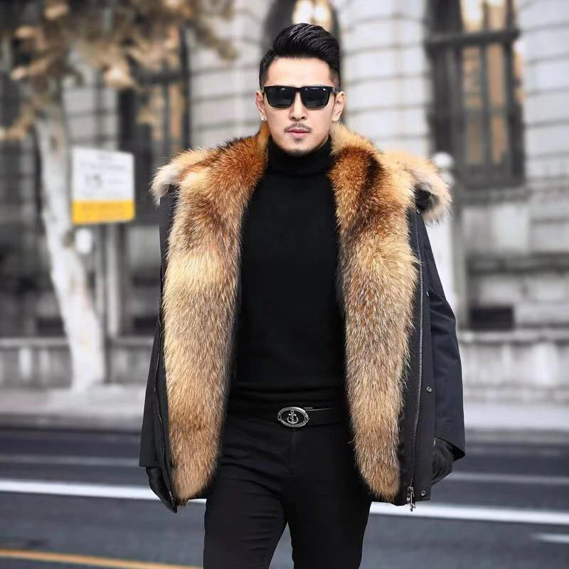 Mid-Length Faux Fur Coat - Hooded PU Leather with Raccoon Fur Liner