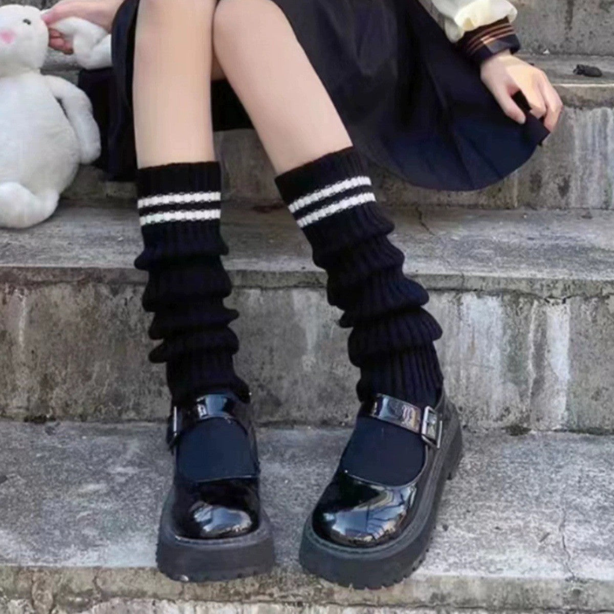 Women's Knitted Striped Over-the-Knee Socks - Black and White Thigh High Hosiery