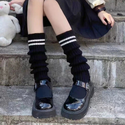 Women's Knitted Striped Over-the-Knee Socks - Black and White Thigh High Hosiery