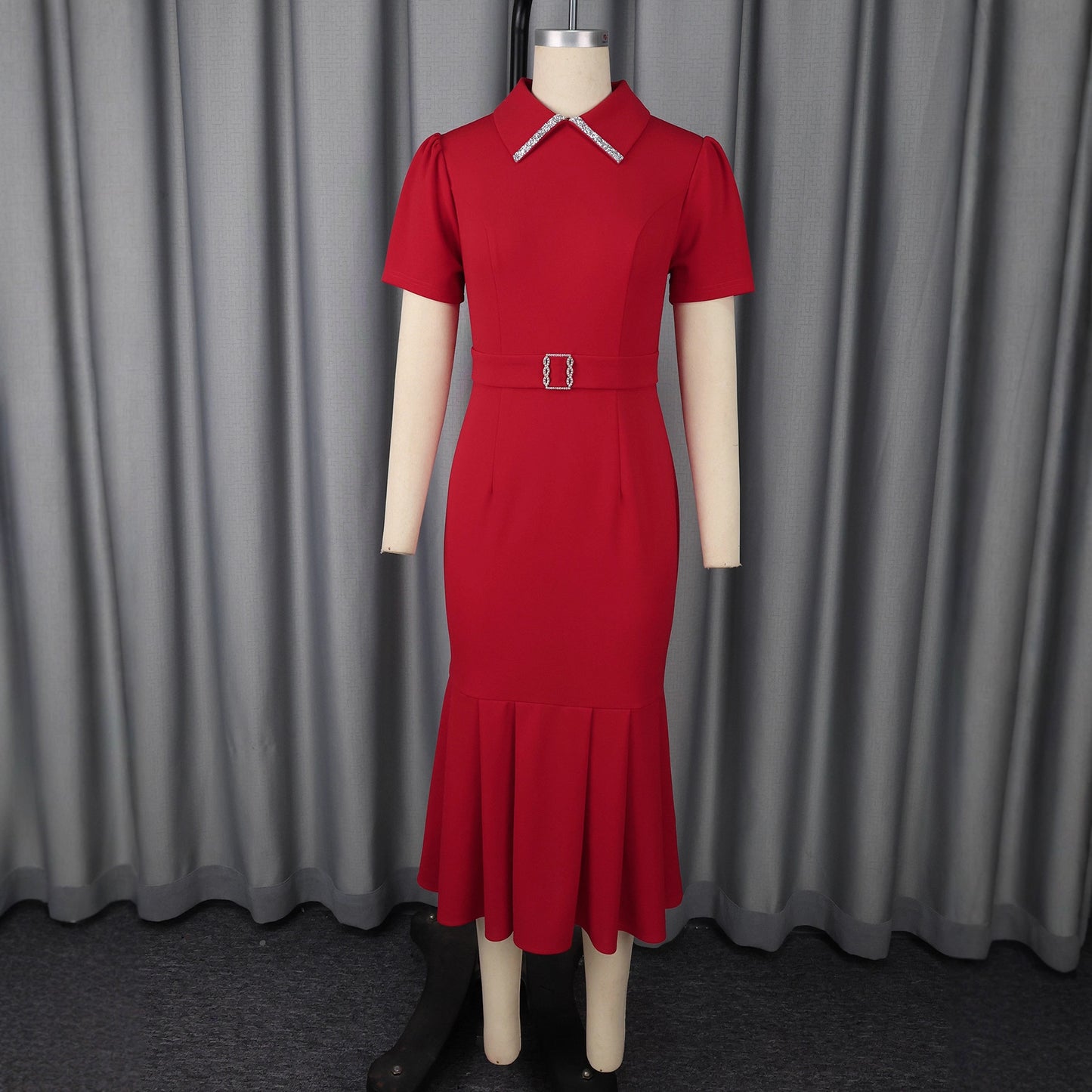 Women's Lapel Short Sleeve Midi Dress – Elegant High Waist Colorblock Bodycon
