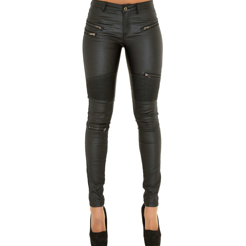 Faux Leather Denim Motorcycle Pants - Women's Stitched Zipper Biker Trousers