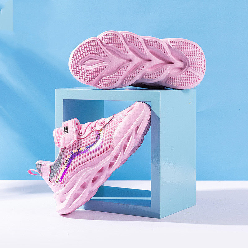 Girls' Three-Layer Mesh Sneakers | Velcro | Breathable EVA Sole | Sizes 26–37 | Pink & Orange Pink
