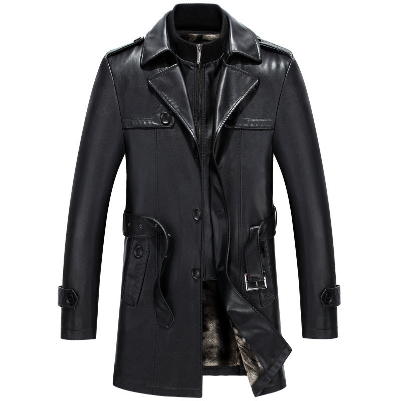 Men's Mid-Length Sheepskin Leather Jacket - Fitted Suit Collar with Fur Lining