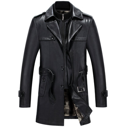 Men's Mid-Length Sheepskin Leather Jacket - Fitted Suit Collar with Fur Lining