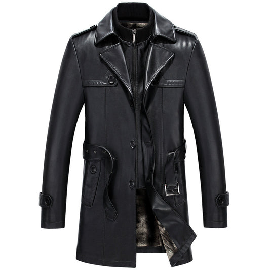 Men's Mid-Length Sheepskin Leather Jacket - Fitted Suit Collar with Fur Lining