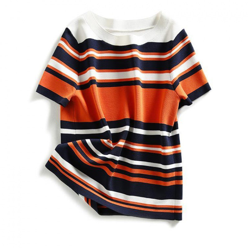 Women's Color-Block Striped Knit Top - Loose Fit Crew Neck Sweater