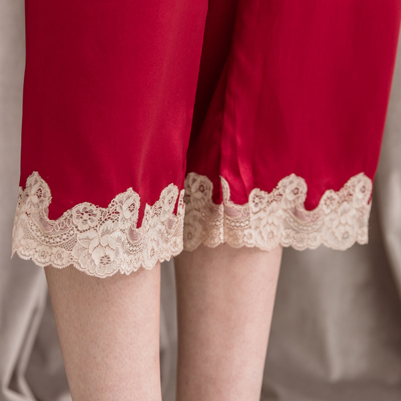Women's Two-Piece Silk Pajama Set - V-Neck Top with Cropped Pants