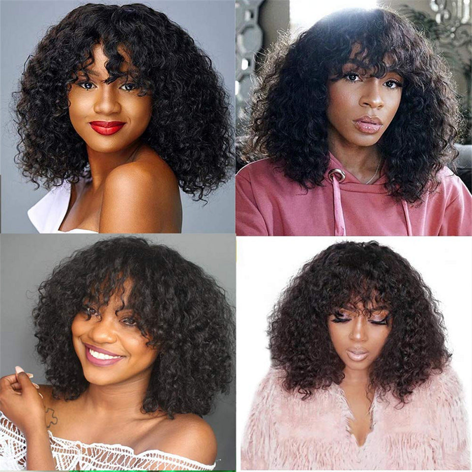 Kinky Curly Human Hair Wig with Bangs - Natural Texture Full Wig