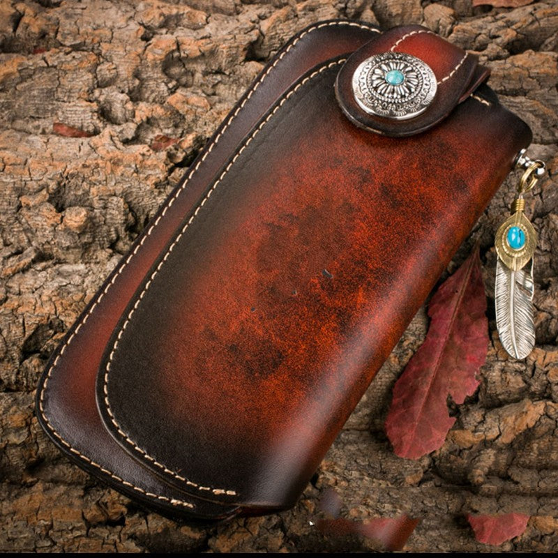Men's Cowhide Leather Embossed Wallet - Long Bifold with Zipper Closure and Artistic Designs