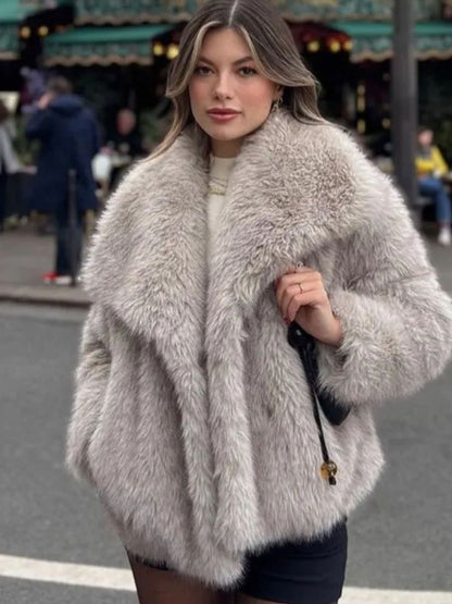 Women's Winter Plush Fluffy Lapel Coat - Warm Thicken Long Sleeve Jacket