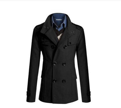 Men's Woolen Coat - Medium-Length Stand-Up Collar Double-Breasted Coat