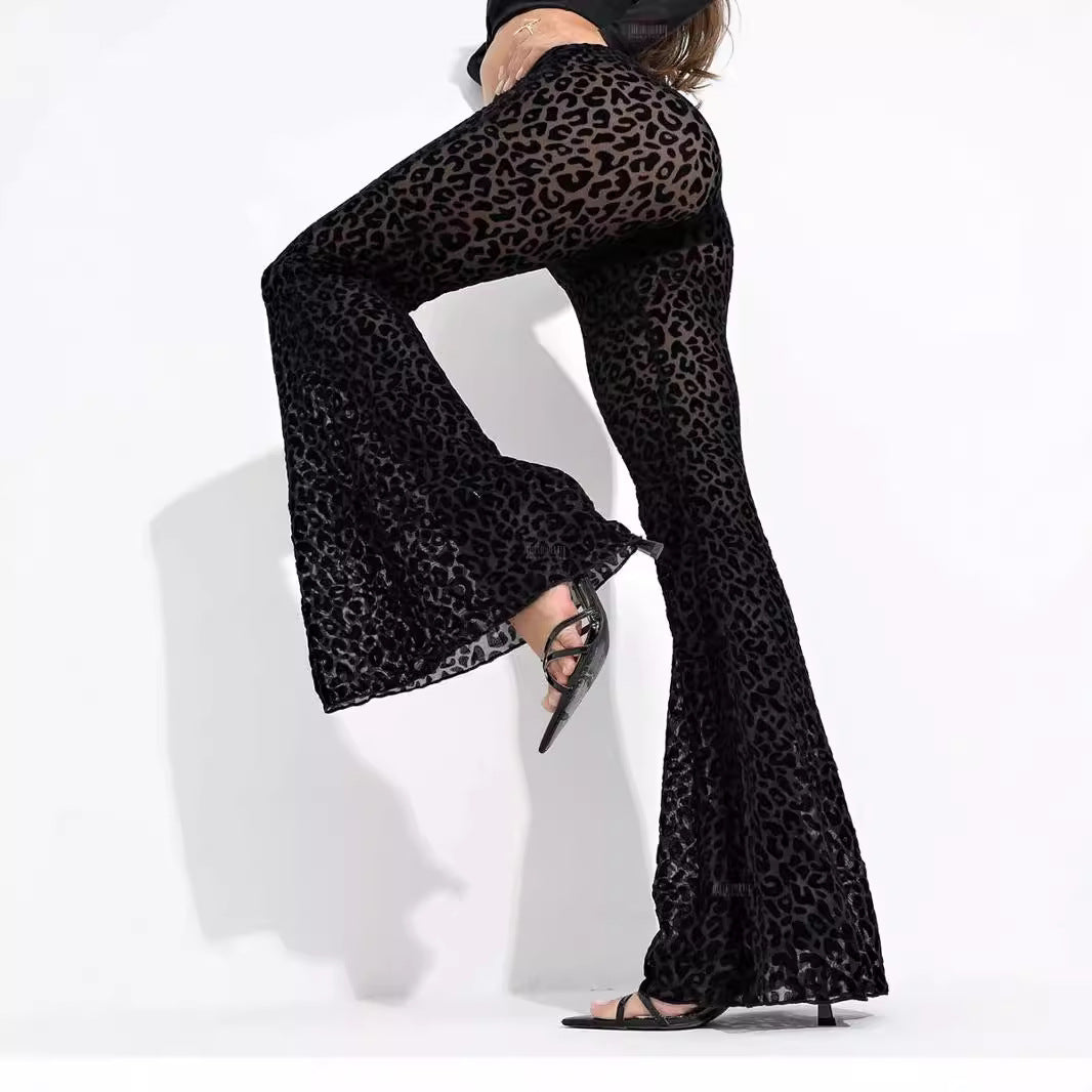 Women's Flocked Mesh High-Waisted Casual Pants - Ultra-Thin Polyester Trousers