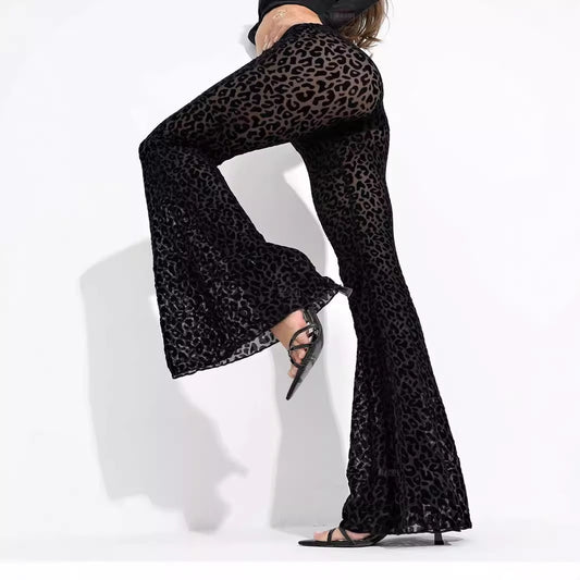 Women's Flocked Mesh High-Waisted Casual Pants - Ultra-Thin Polyester Trousers
