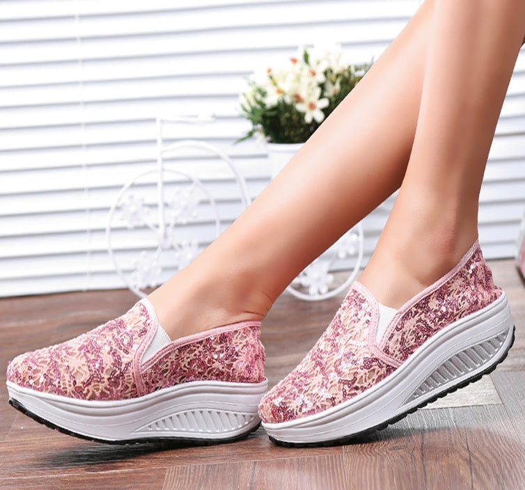 Women's Sequin Mesh Breathable Sneakers | Rocker Sole | Sizes 35–40 | Rose Red, Pink, Black, White