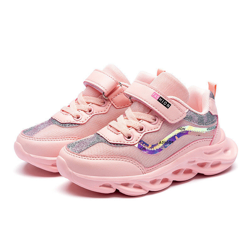 Girls' Three-Layer Mesh Sneakers | Velcro | Breathable EVA Sole | Sizes 26–37 | Pink & Orange Pink
