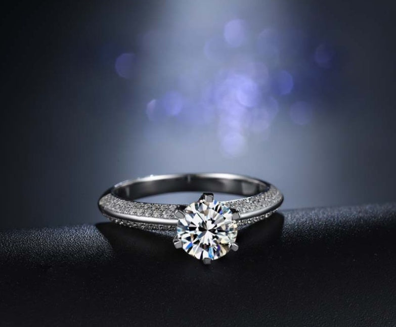 Sterling Silver Ring - Six-Claw Pavé Setting with Gemstone Inlay