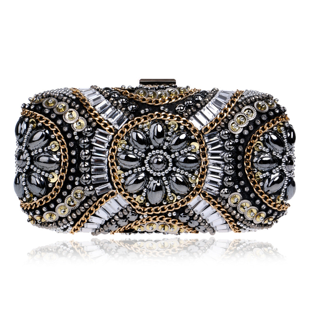 Beaded Embroidery Evening Bag - Rhinestone Clutch Purse with Hard Handle