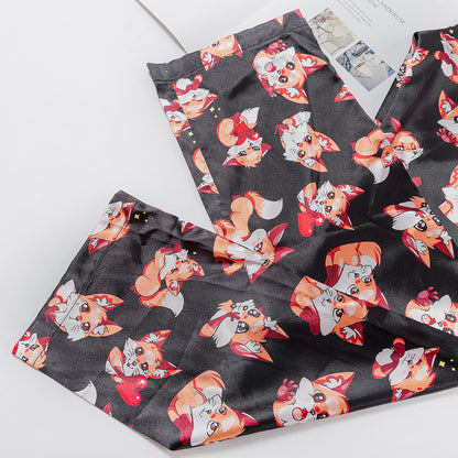 Women's Satin Cami Pajama Set - Fox Print Sleepwear Lingerie