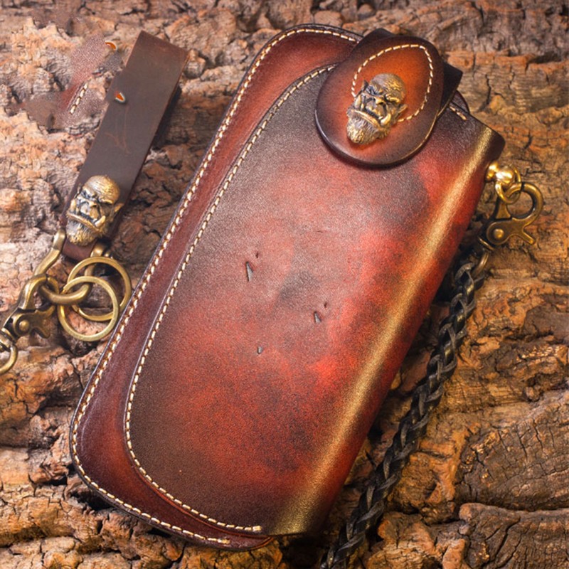 Men's Cowhide Leather Embossed Wallet - Long Bifold with Zipper Closure and Artistic Designs