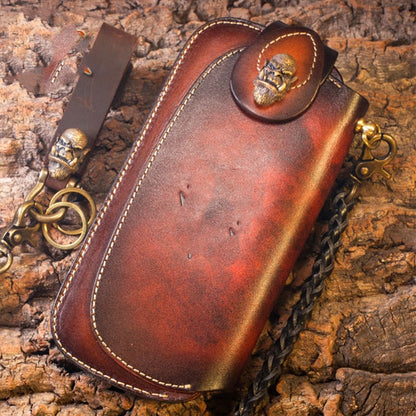 Men's Cowhide Leather Embossed Wallet - Long Bifold with Zipper Closure and Artistic Designs