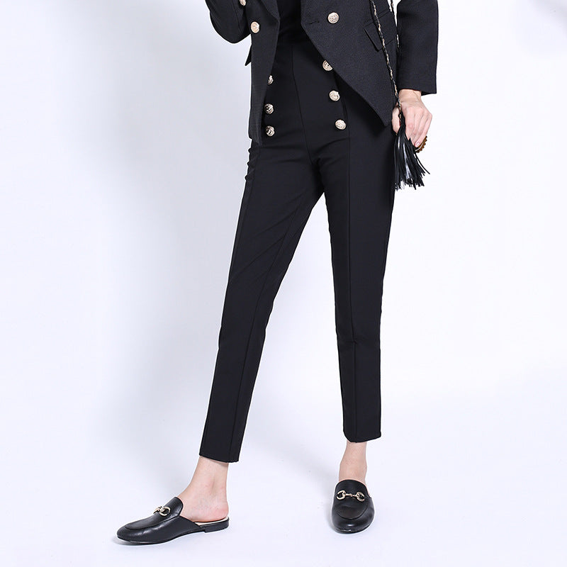 Women's High-Waist Double-Breasted Pants - Slim Fit Black Trousers