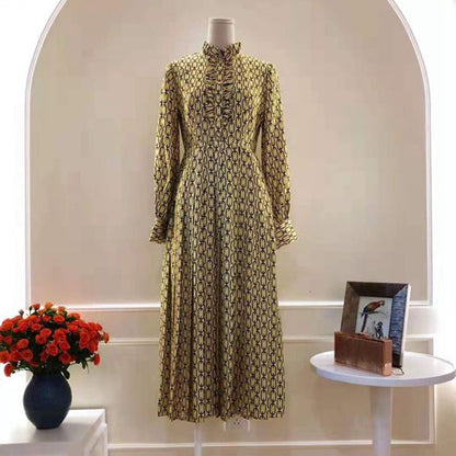Women's Printed Silk Midi Dress - High-Waist A-Line Long Sleeve Dress