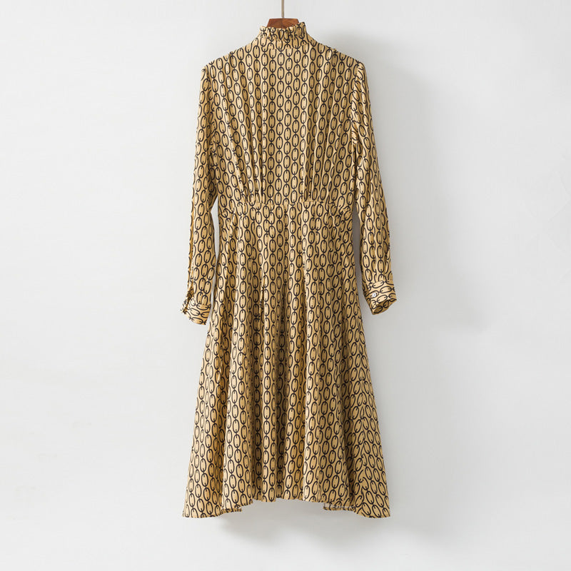 Women's Printed Silk Midi Dress - High-Waist A-Line Long Sleeve Dress