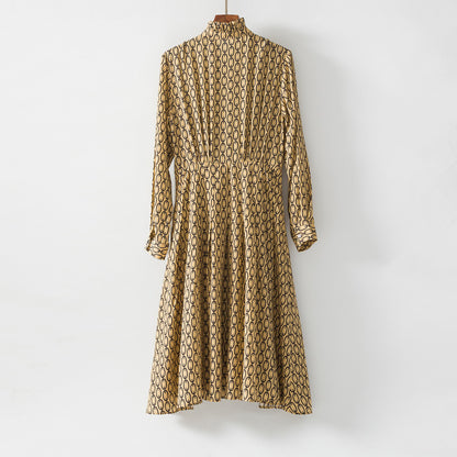 Women's Printed Silk Midi Dress - High-Waist A-Line Long Sleeve Dress