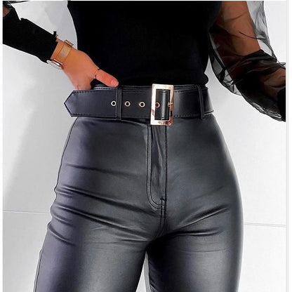Belted Faux Leather Pants - Casual Tight-Fit Trousers for Women
